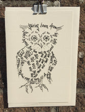 Load image into Gallery viewer, Curious owl greeting card in white - Calligraphette, byFrolly
